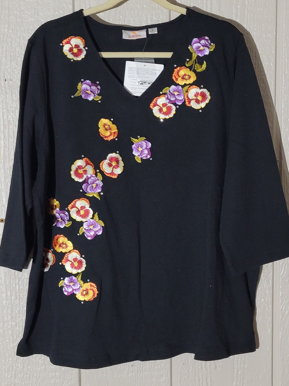 Quacker Factory Black V-Neck Top with Purple & Yellow Floral Embroidery
